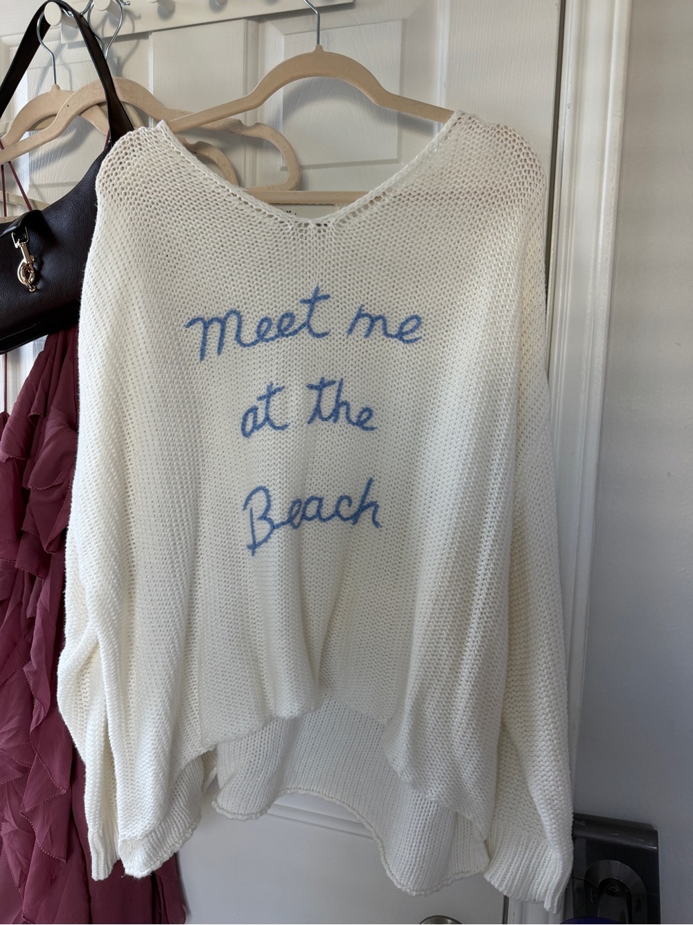 Vintage Havana Cream Crochet Sweater with Blue Script